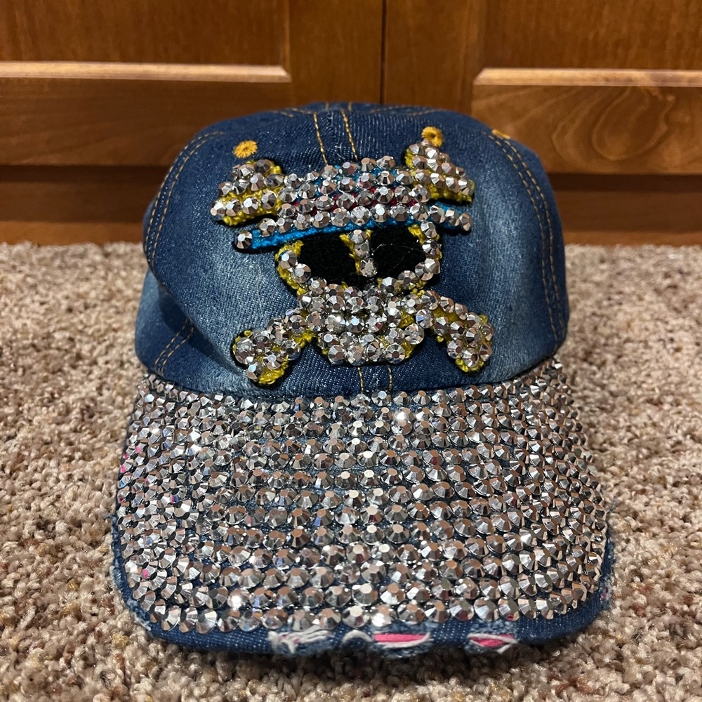 NWT Y2K Rhinestone Skull Denim Cap - Picture 2 of 4